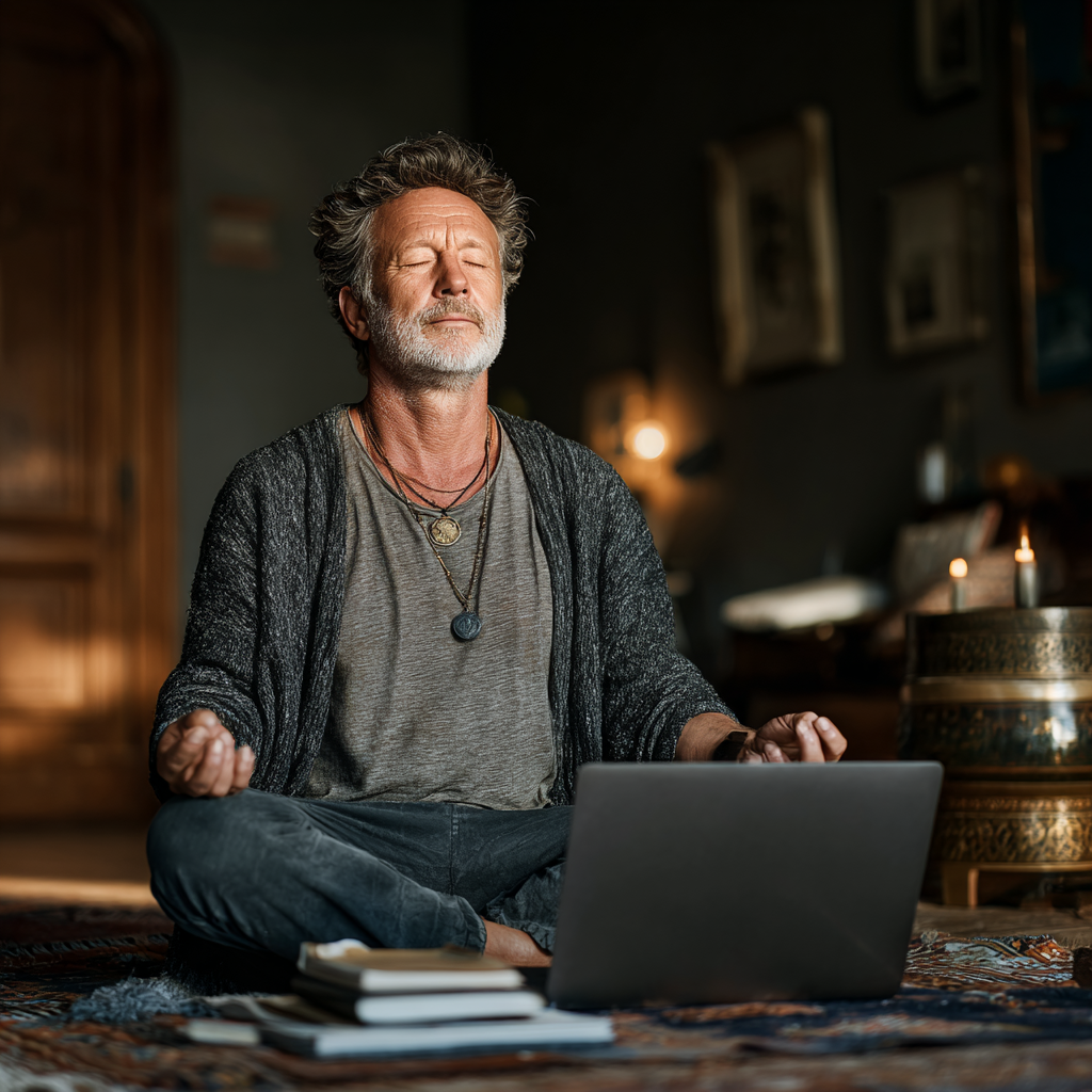 Чоловік 53 роки займається йогою перед ноутбуком вдома, дивлячись на онлайн заняття у затишній вітальні