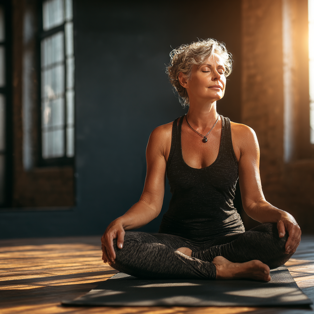 Жінка 55 років виконує асану йоги на килимку у світлій студії, демонструючи гнучкість та спокій