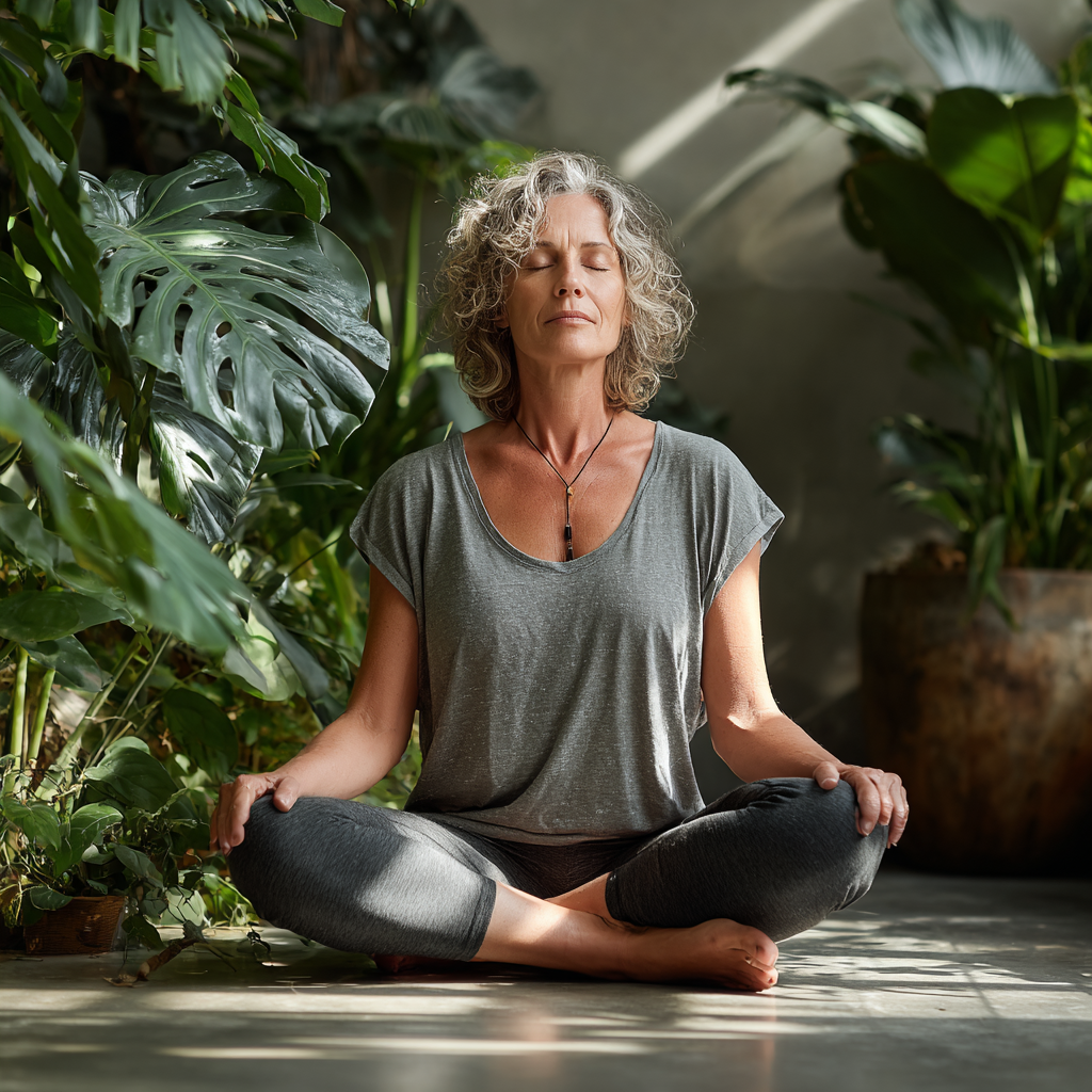 Спокійна жінка 56 років медитує у позі лотоса серед зелених рослин у світлій йога студії з природним освітленням