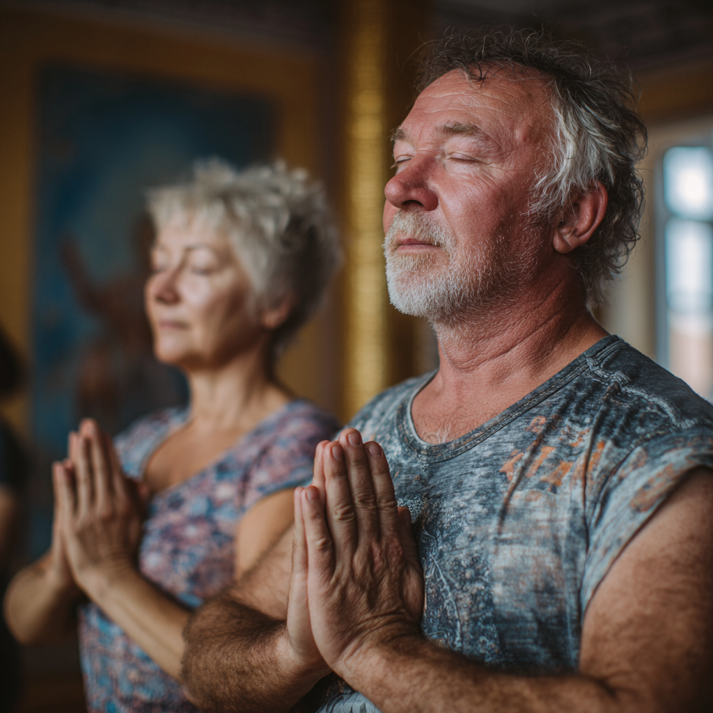 Чоловік 58 років та жінка 52 роки разом виконують початкові асани йоги у затишній студії з природним освітленням